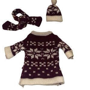 Knit Snowflake Wine Bottle Cover Sweater Hat & Scarf 3Pc Set Burgundy OS